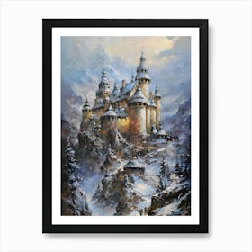 Castle In The Snow, winter, castle,a breathtaking landscape scenery,multilayer view,enchanted stunning visually,dark influenza,ink v3,oil on linen ,oil on canvas, artistic masterwork,perfect painting,soft color,inspired by wadim kashin, Art Print