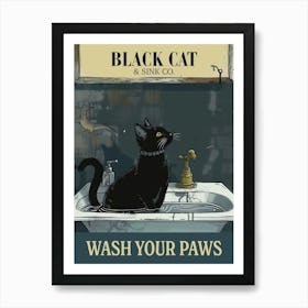 Black Cat Wash Your Paws Sink Poster Bathroom Art Print