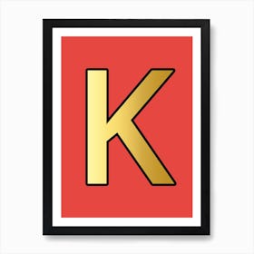 Letter K Gold Alphabet Red Art Print