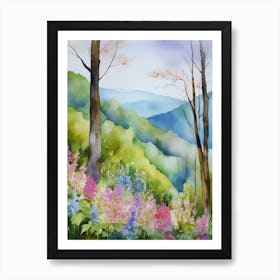 Smoky Mountains Painting, Spring Flowers, Watercolor Art, Appalachian Mountain Landscape Wall Art, Mountain Forest Print..177 Art Print