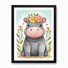 Floral Baby Hippo Nursery Illustration (9) Art Print