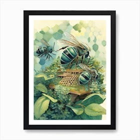 Green Metallic Sweat  Bee Beehive Watercolour Illustration 2 Art Print