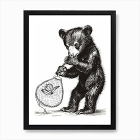 Malayan Sun Bear Cub Playing With A Butterfly Net Ink Illustration 3 Art Print