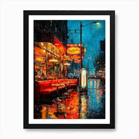 Rainy Night At A 1950s Diner With Neon Signs – Retro Americana Art Print Art Print