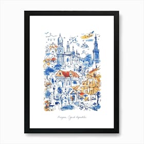 Prague Illustration Line Art Czech Republic Travel Blue Art Print