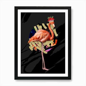 Royal Flamingo Wearing Floral Crown In Black And Gold Art Print