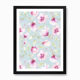 Watercolor Purple Magnolia Flowers Art Print