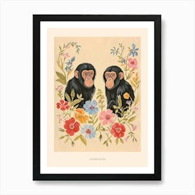 Folksy Floral Animal Drawing Chimpanzee 6 Poster Art Print