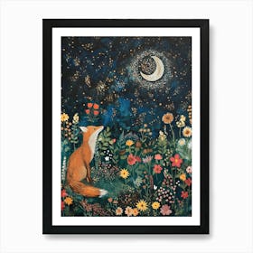 Botanical Country Fox Print | William Morris Painting | Gustav Klimt Wildflowers Artwork for Feature Wall | Pagan Moonlight Crescent Moon and Stars | Starry Night in HD 1 Art Print