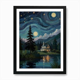 Create an image of a dreamy night landscape featuring swirling stars and a crescent moon in a deep blue sky. In the foreground, include a serene lake reflecting the celestial scene, bordered by lush greenery and cypress trees. Art Print