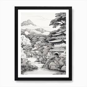 Yufuin In Oita, Ukiyo E Black And White Line Art Drawing 1 Art Print
