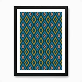 DIAMOND IKAT Boho Woven Texture Style in Exotic Blue Green Blush Dark Teal Art Print