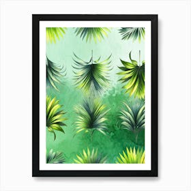 Palm Leaves On A Green Background, leaf pattern, plant art, green art Art Print