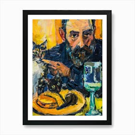 Portrait Of A Man With Cats Having Dinner 2 Art Print