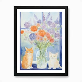 Cat With Queen Annes Flowers Watercolor Mothers Day Valentines 1 Art Print
