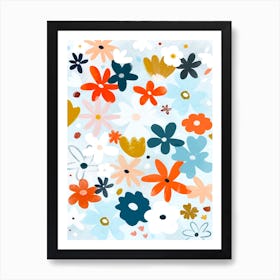 Retro Blue And Orange Floral Art Print