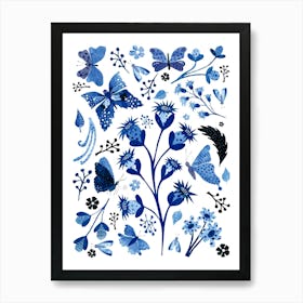 Delft Blue Butterflies And Flowers Art Print