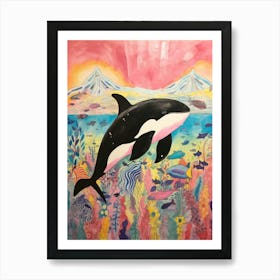 Colourful Mountain Orca Whale Drawing 1 Art Print