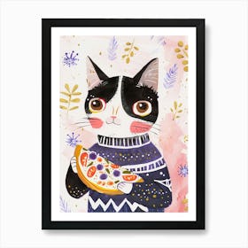 Happy Black And White Cat Eating Pizza Folk Illustration 4 Art Print