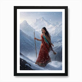 Indian Woman Embodying Grace As She Strides Towards Snowy Hills Trident In Hand Garments Billowin Art Print