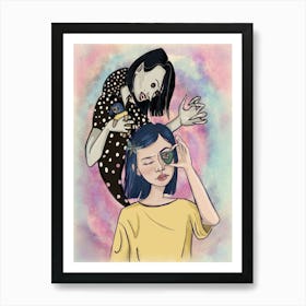 Girl And A Ghost. Mystical Halloween Art Art Print