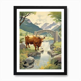 Highland Cow With A Bridge In The Distance Art Print