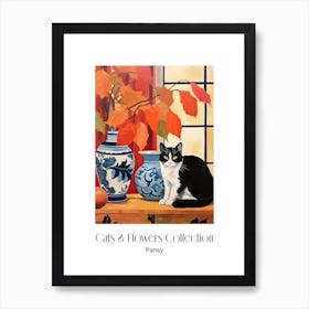 Cats & Flowers Collection Pansy Flower Vase And A Cat, A Painting In The Style Of Matisse 2 Art Print