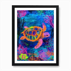 Neon Underwater Sea Turtle Doodle 1 Art Print