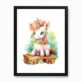 Baby Unicorn On A Toy Car, Watercolour Nursery 3 Art Print