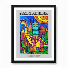 Cute Geometric Dinosaur Cityscape Abstract Illustration Poster Art Print