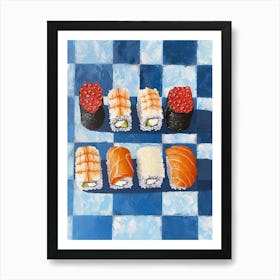 Nigiri Sushi Blue Checkerboard 3 Art Print