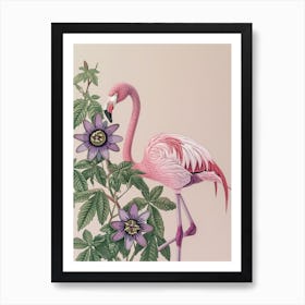 Andean Flamingo And Passionflowers Minimalist Illustration 4 Art Print