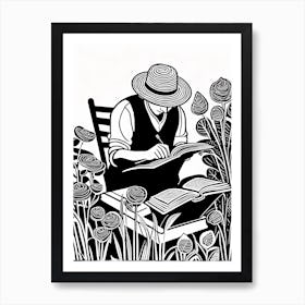 Lino cut Inspired black and white Reading In the Garden Art, Garden Girl Art, Gardening reading, 259 Art Print