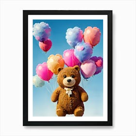 Teddy Bear Floating With Balloons Art Print