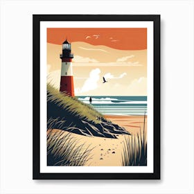North Germany, Sunset And Lighthouse - Retro Landscape Beach and Coastal Theme Travel Poster Art Print