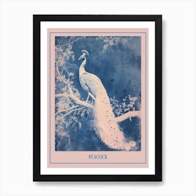 White & Blue Cyanotype Inspired Peacock Poster Art Print