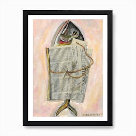 Fish Wrapped In Newspaper Sardine Coastal Minimal Retro Inspired Food Seafood For Kitchen Farmhouse  Art Print