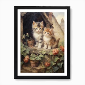 Cute Cats In Front Of A Medieval Cottage 1 Art Print