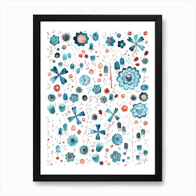 Teal Green and Orange Watercolor Wild Flowers Art Print