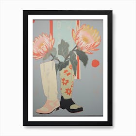 Painting Of Protea Flowers And Cowboy Boots, Oil Style Art Print