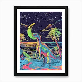 Neon Blue Dinosaur In The Ocean At Night Art Print