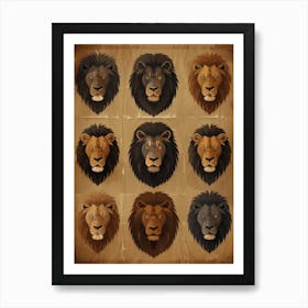 Set Of Lion Heads Vector Art Print