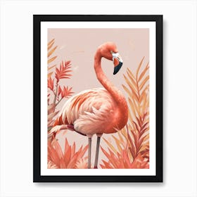 Lesser Flamingo And Bromeliads Minimalist Illustration 2 Art Print