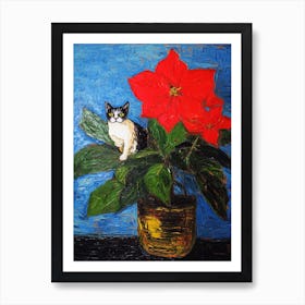 Still Life Of Poinsettia With A Cat 2 Art Print