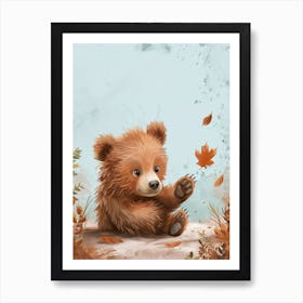 Brown Bear Cub Playing With A Fallen Leaf Storybook Illustration 3 Art Print