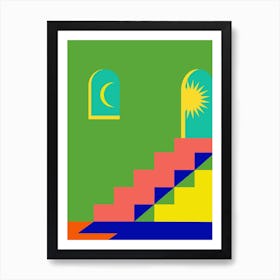 Geometric Colorful Stairs To Sun And Moon Art Print