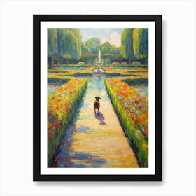 A Painting Of A Dog In The Palace Of Versailles Gardens, France In The Style Of Impressionism 04 Art Print