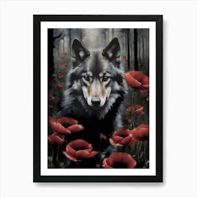 Dark Aesthetic Wolf in Red Poppy Woods - Awaits You in the Fading Forest - Romantic Gothic Art by Sarah Valentine Art Print