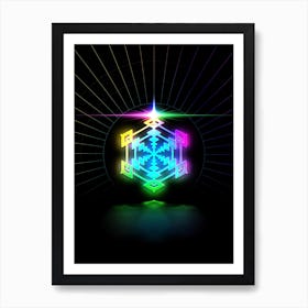 Neon Geometric Glyph in Candy Blue and Pink with Rainbow Sparkle on Black n.0016 Art Print