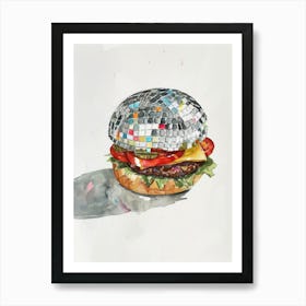 Disco Ball Burger Art Print Trendy Retro Watercolor Painting Kitchen Póster